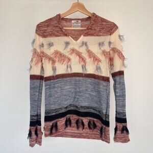 Vintage 70s Alberoy Spaceknit Striped Fringe Long Sleeve Knit Sweater Sz M Retro